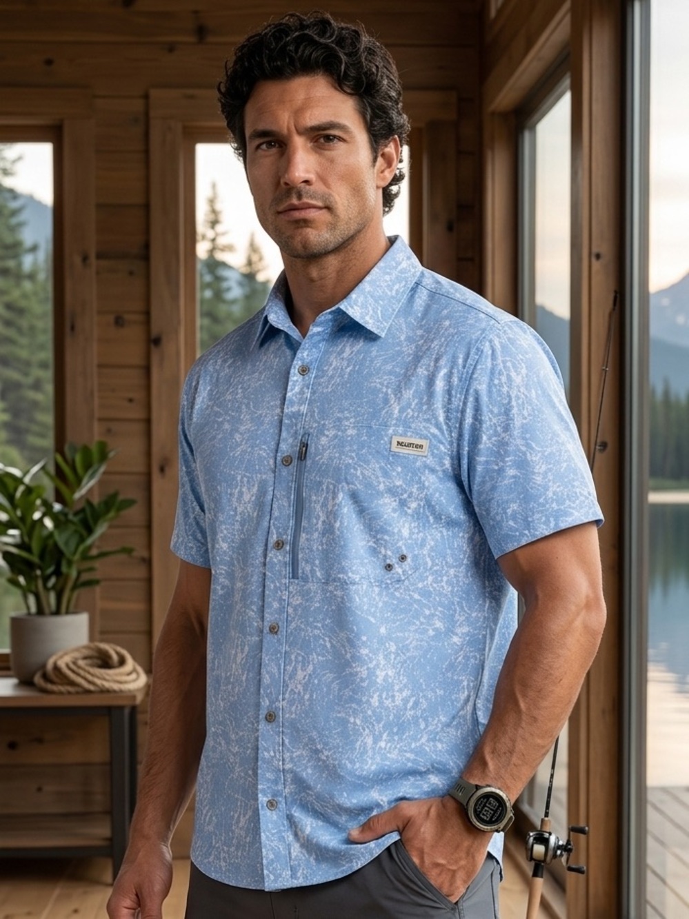 XCaster Outdoor Blue Men's Fishing Short-Sleeve Button-Up Shirt